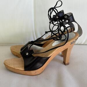 Nicole Miller Ankle Wrap Wooden Heels 7 Black Leather Sandals Glam Resort Cruise